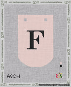 A taped needlepoint canvas with the design: Banner 18 mesh count Curved F Black on Pink.