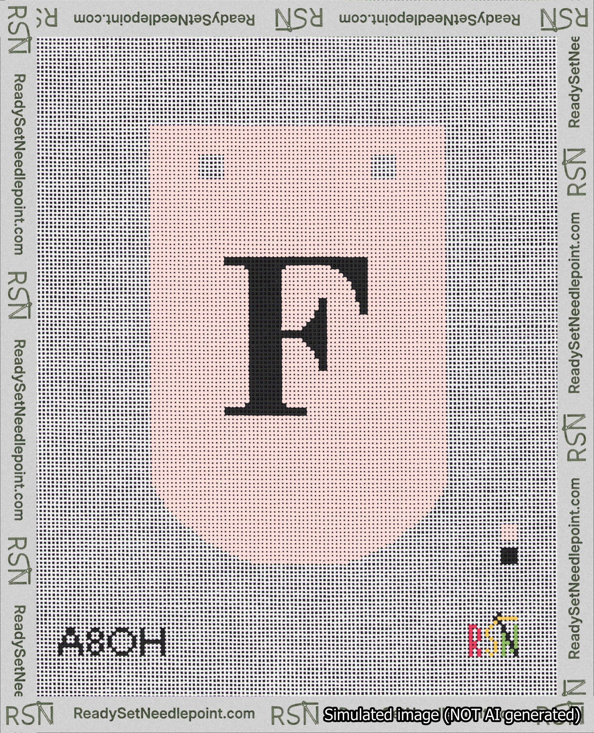 A taped needlepoint canvas with the design: Banner 18 mesh count Curved F Black on Pink.