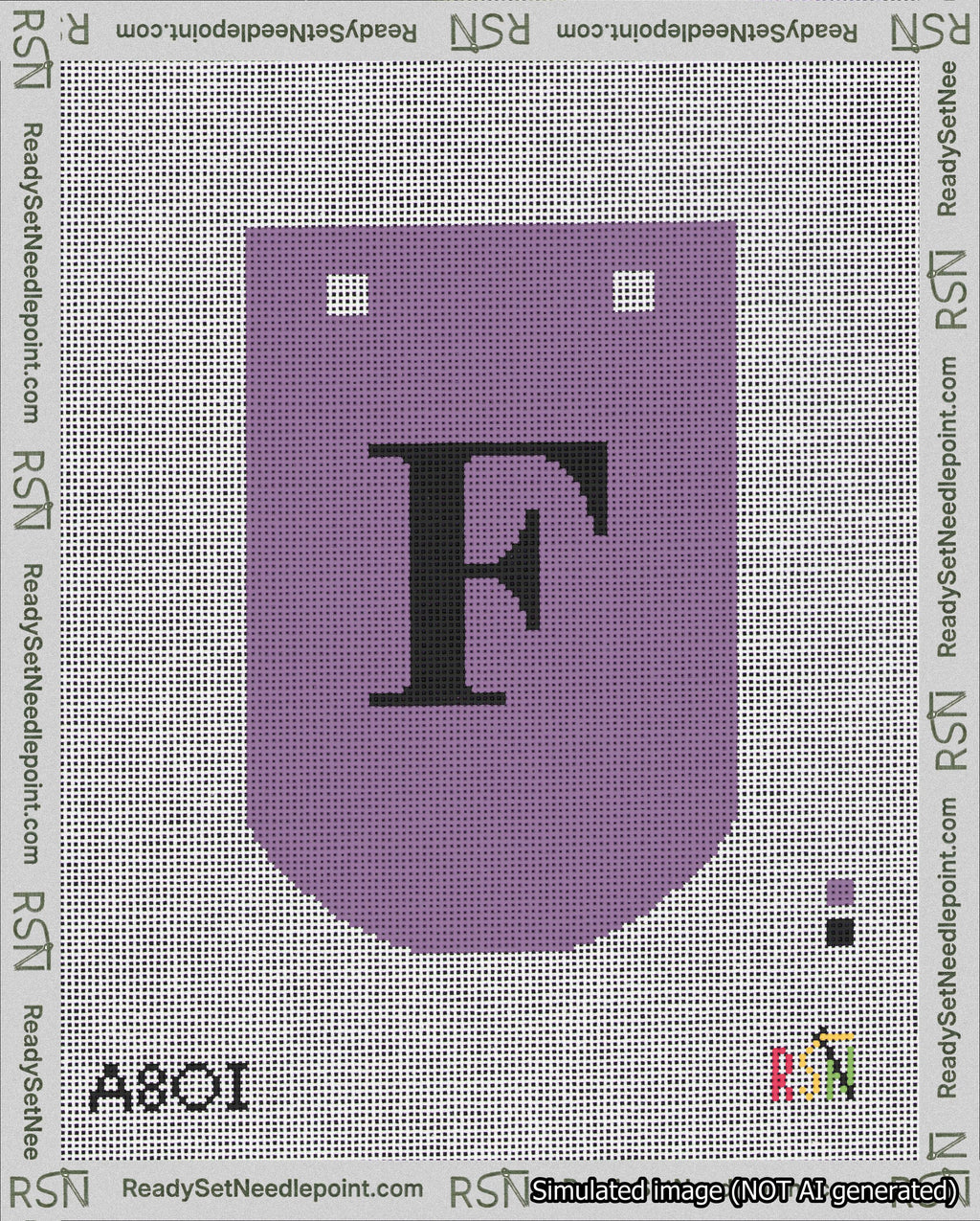 A taped needlepoint canvas with the design: Banner 18 mesh count Curved F Black on Purple.
