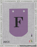 A taped needlepoint canvas with the design: Banner 18 mesh count Curved F Black on Purple.
