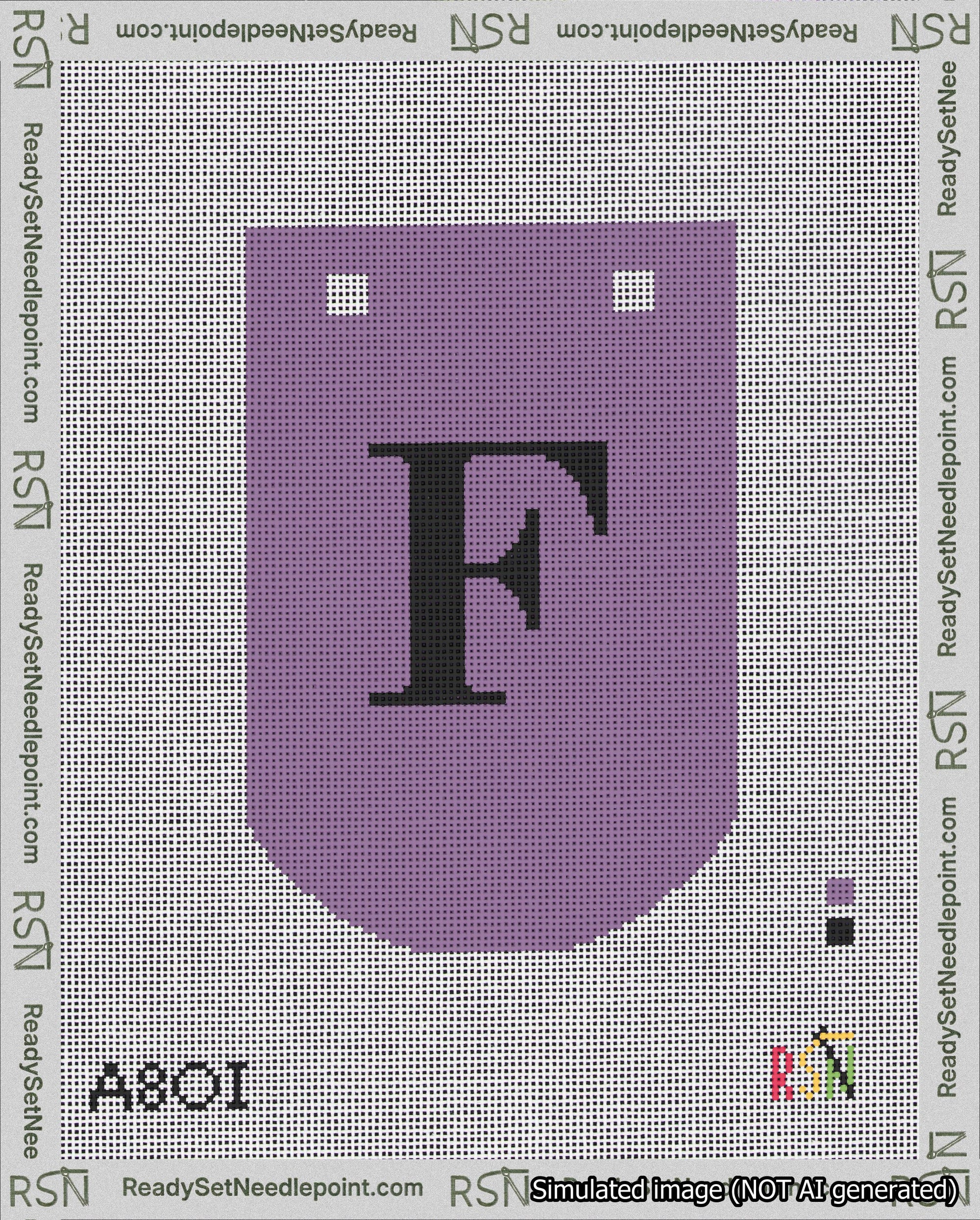 A taped needlepoint canvas with the design: Banner 18 mesh count Curved F Black on Purple.