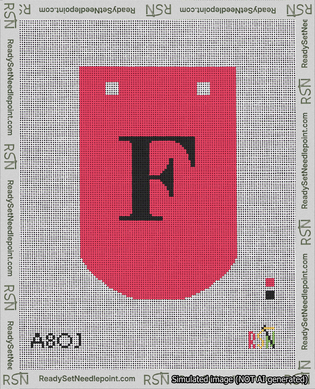 A taped needlepoint canvas with the design: Banner 18 mesh count Curved F Black on Red.