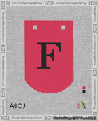 A taped needlepoint canvas with the design: Banner 18 mesh count Curved F Black on Red.