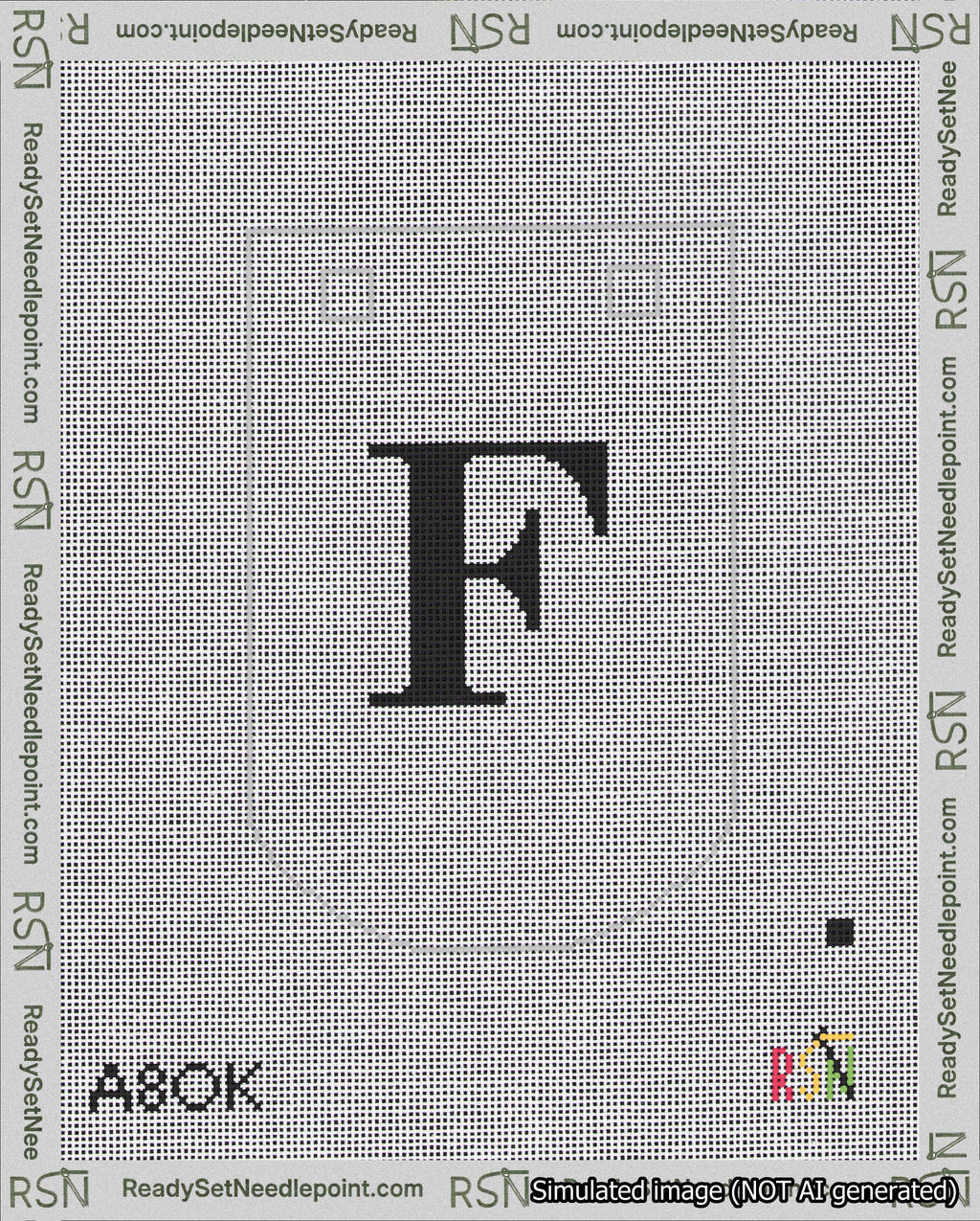 A taped needlepoint canvas with the design: Banner 18 mesh count Curved F Black on White.
