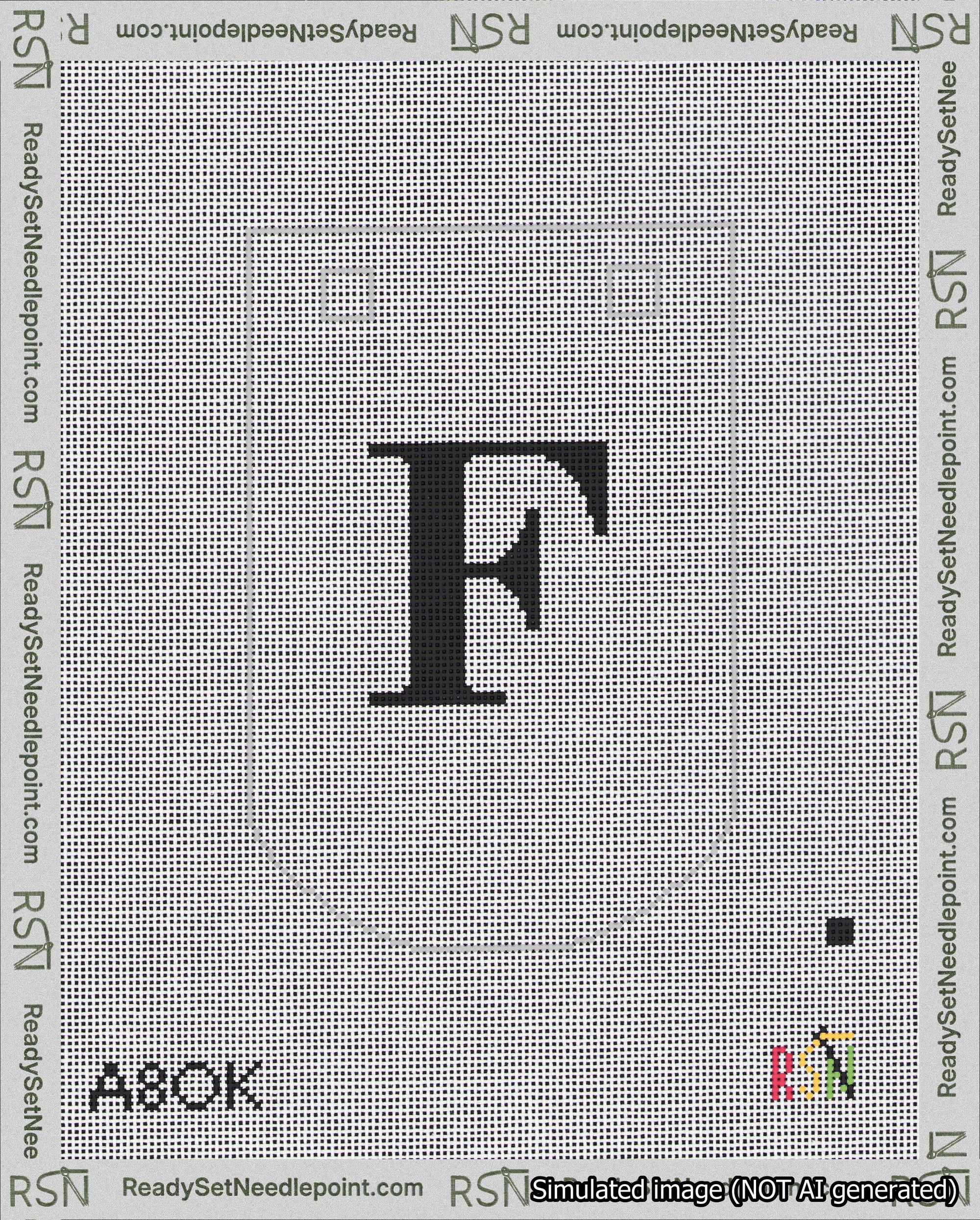 A taped needlepoint canvas with the design: Banner 18 mesh count Curved F Black on White.