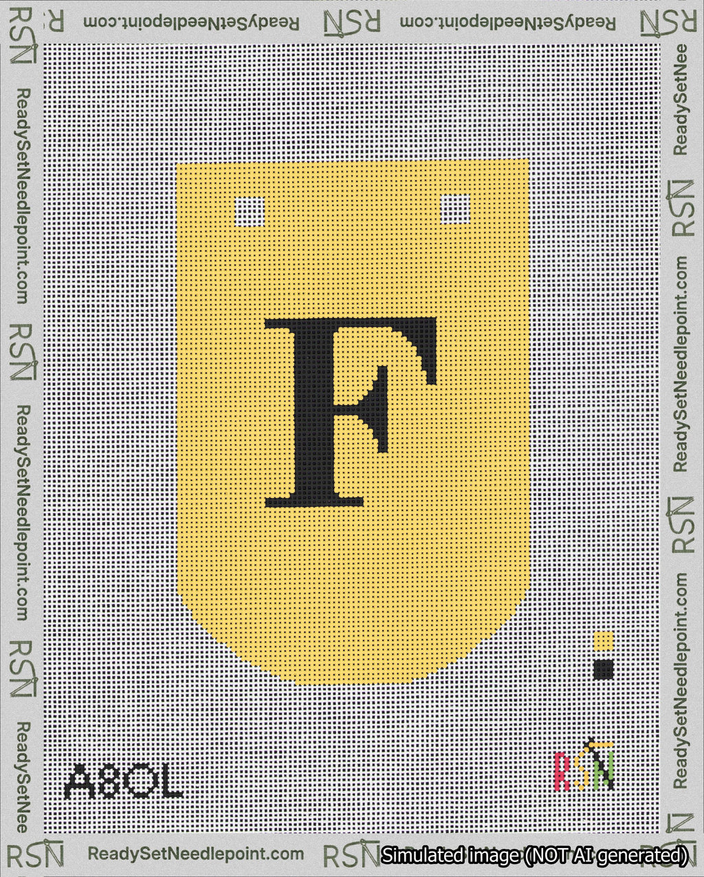 A taped needlepoint canvas with the design: Banner 18 mesh count Curved F Black on Yellow.