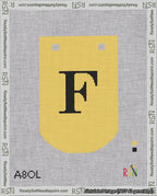 A taped needlepoint canvas with the design: Banner 18 mesh count Curved F Black on Yellow.