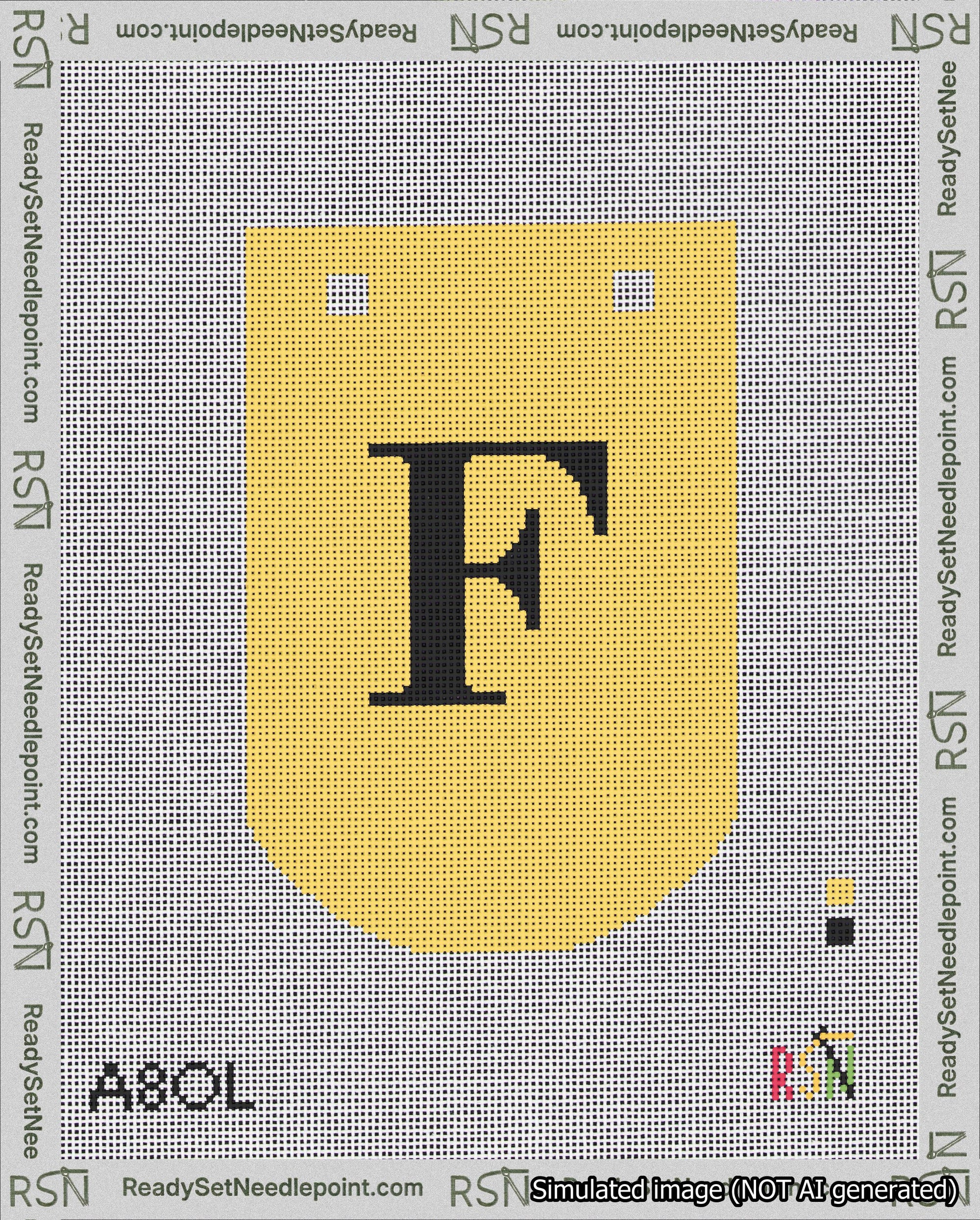 A taped needlepoint canvas with the design: Banner 18 mesh count Curved F Black on Yellow.