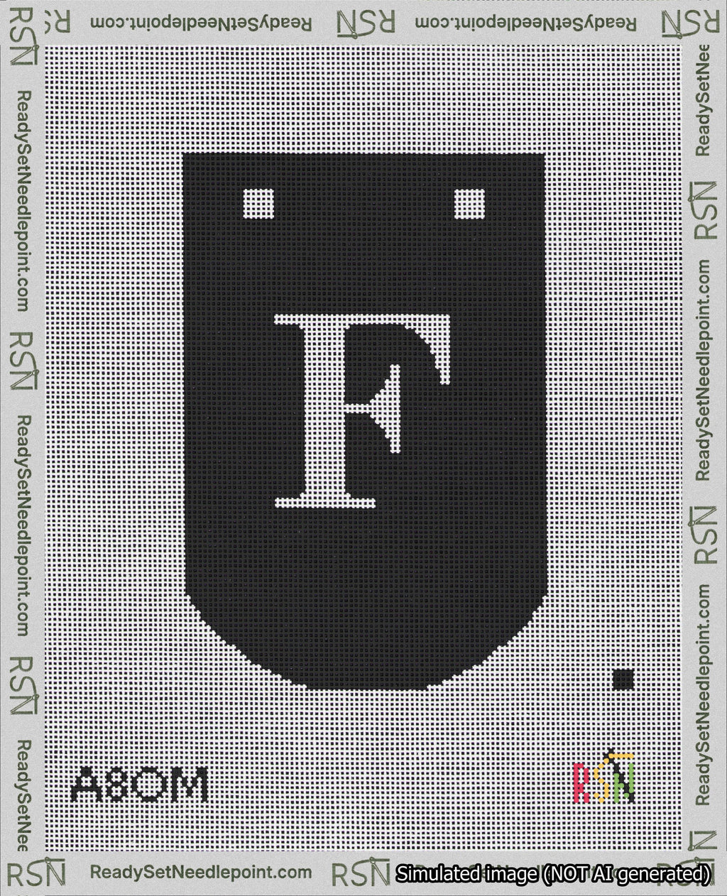 A taped needlepoint canvas with the design: Banner 18 mesh count Curved F White on Black.