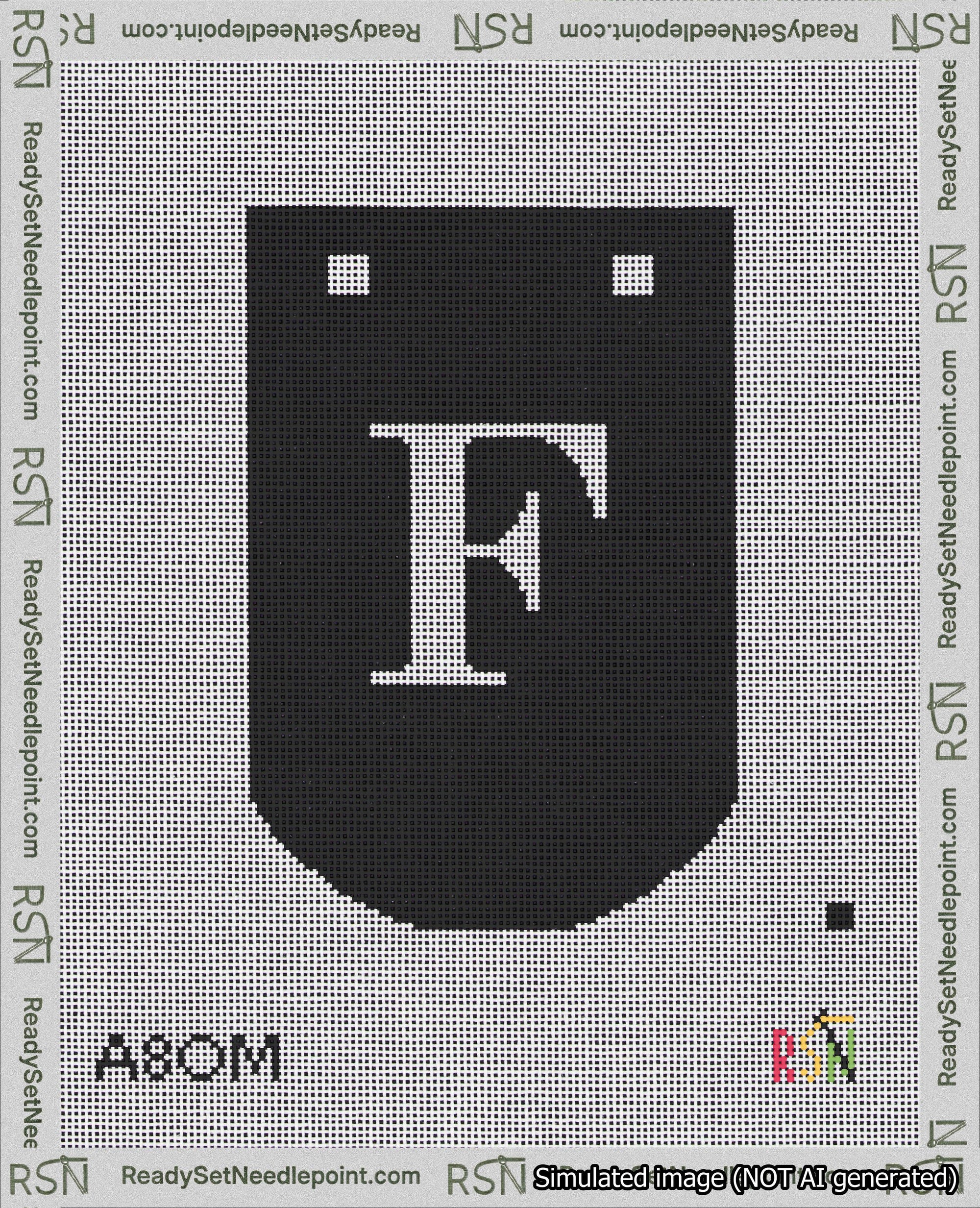 A taped needlepoint canvas with the design: Banner 18 mesh count Curved F White on Black.