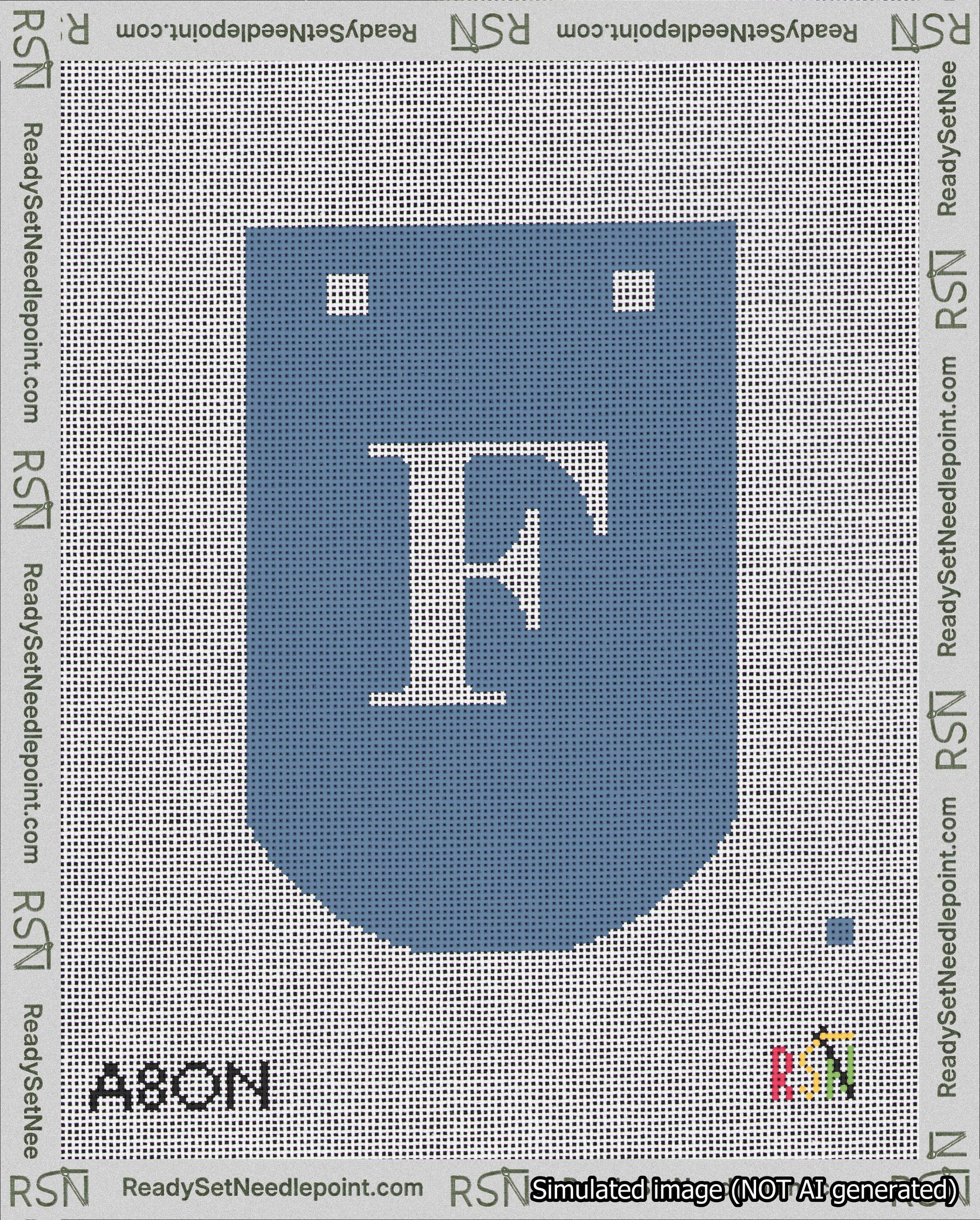 A taped needlepoint canvas with the design: Banner 18 mesh count Curved F White on Blue.