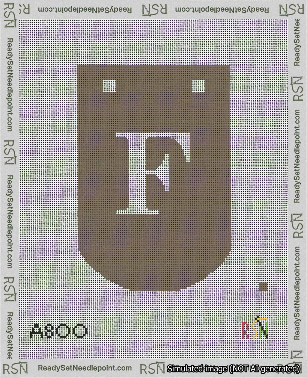 A taped needlepoint canvas with the design: Banner 18 mesh count Curved F White on Brown.