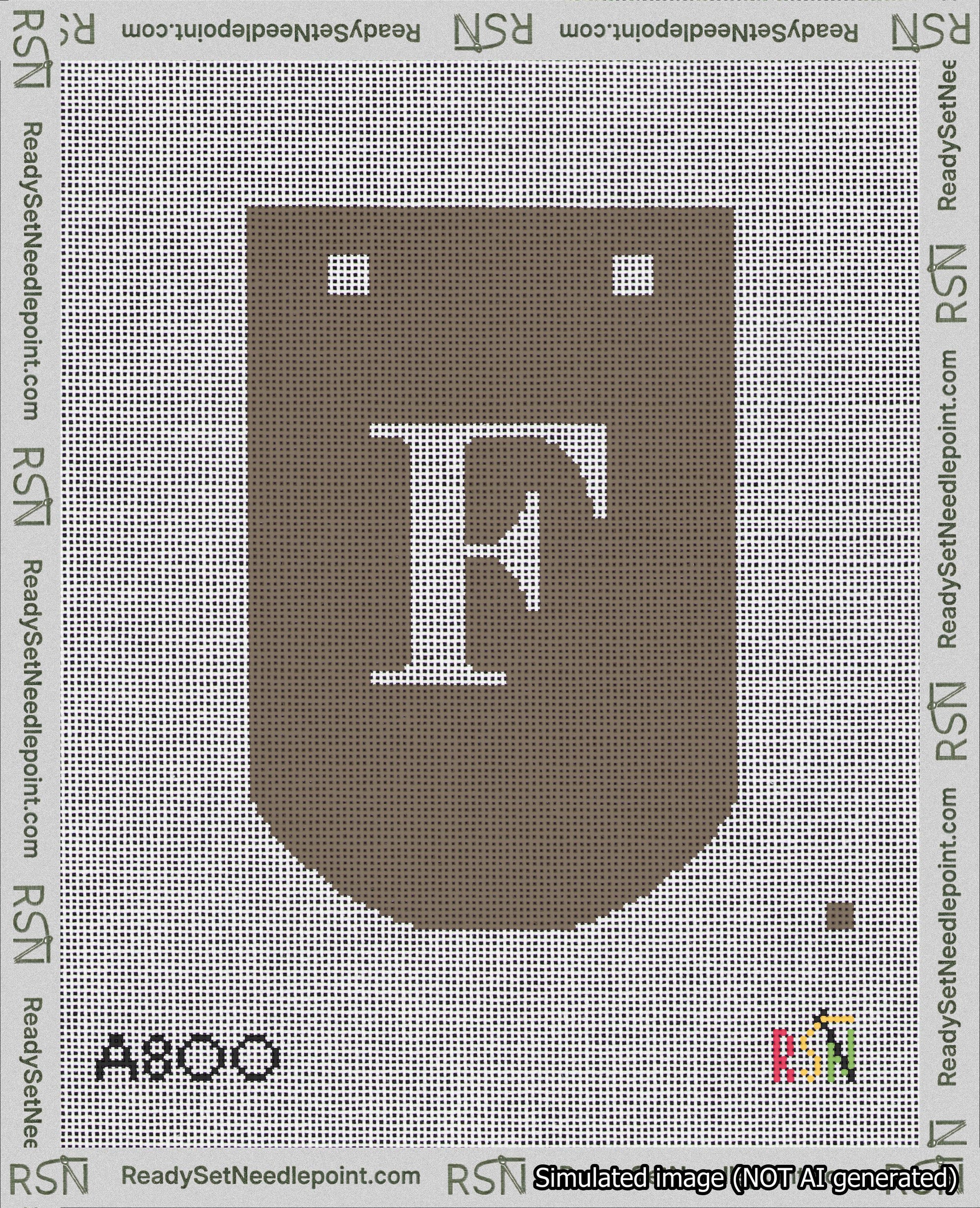 A taped needlepoint canvas with the design: Banner 18 mesh count Curved F White on Brown.