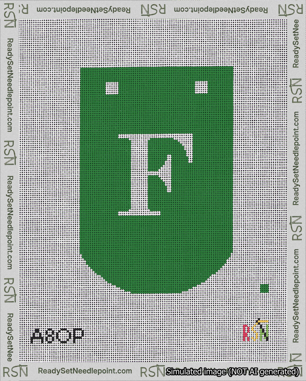 A taped needlepoint canvas with the design: Banner 18 mesh count Curved F White on Green.