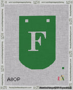 A taped needlepoint canvas with the design: Banner 18 mesh count Curved F White on Green.