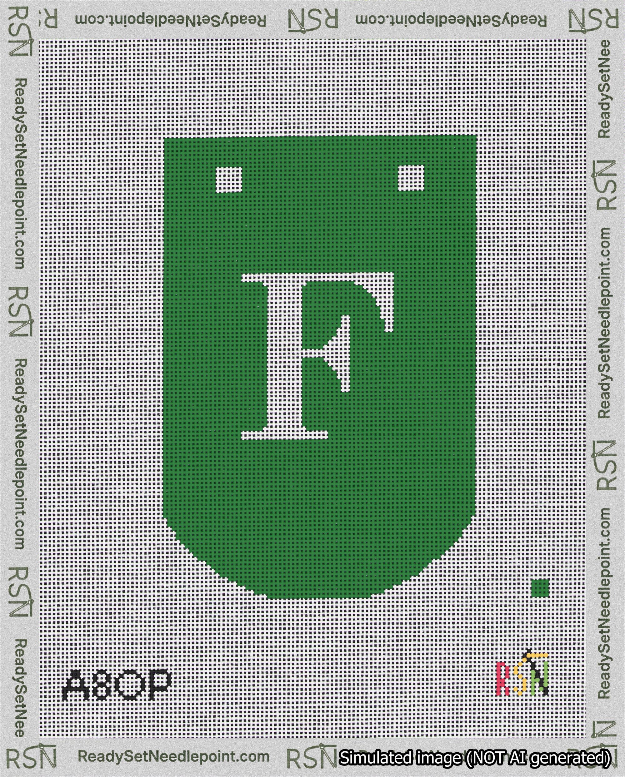 A taped needlepoint canvas with the design: Banner 18 mesh count Curved F White on Green.