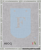 A taped needlepoint canvas with the design: Banner 18 mesh count Curved F White on Light Blue.