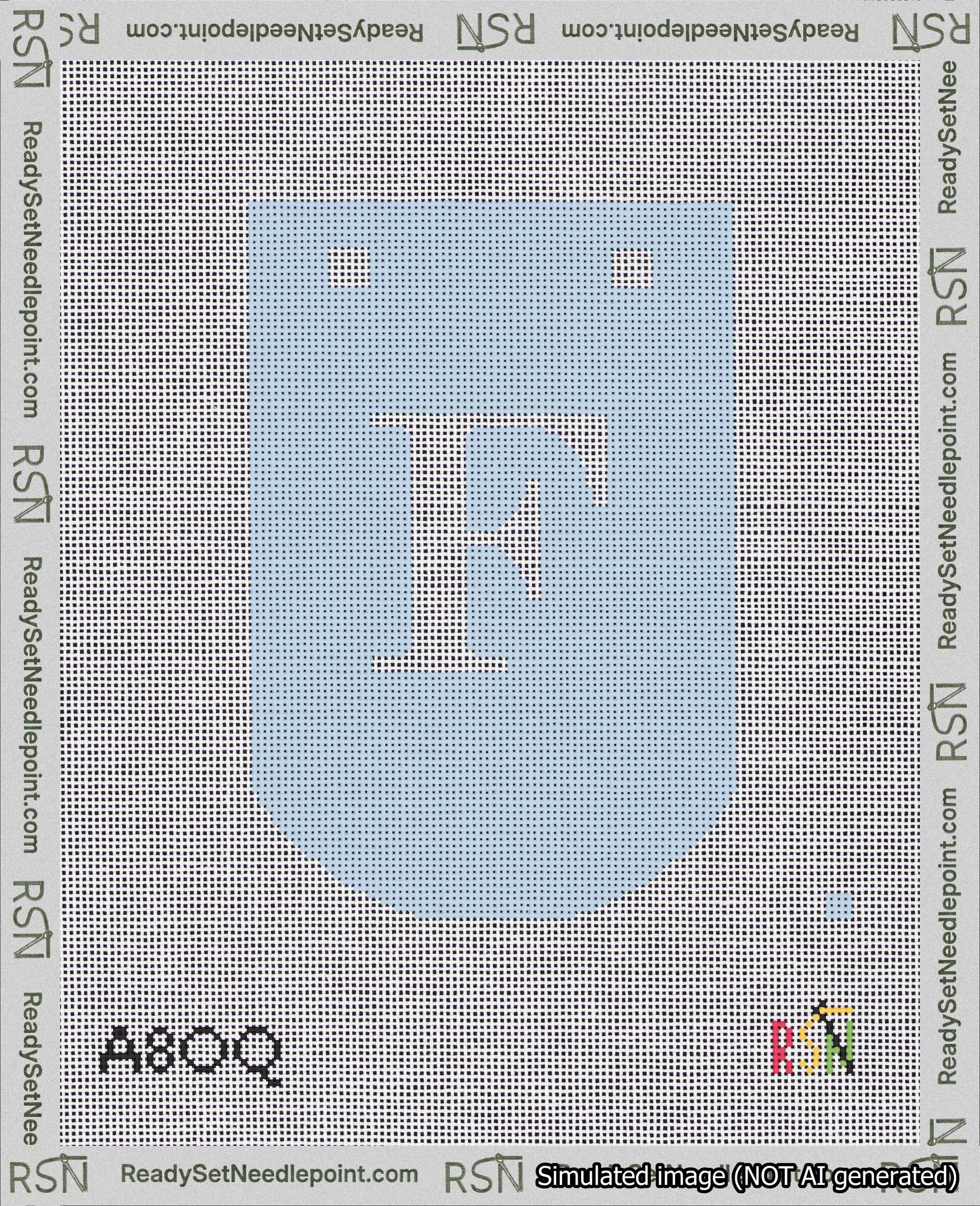 A taped needlepoint canvas with the design: Banner 18 mesh count Curved F White on Light Blue.