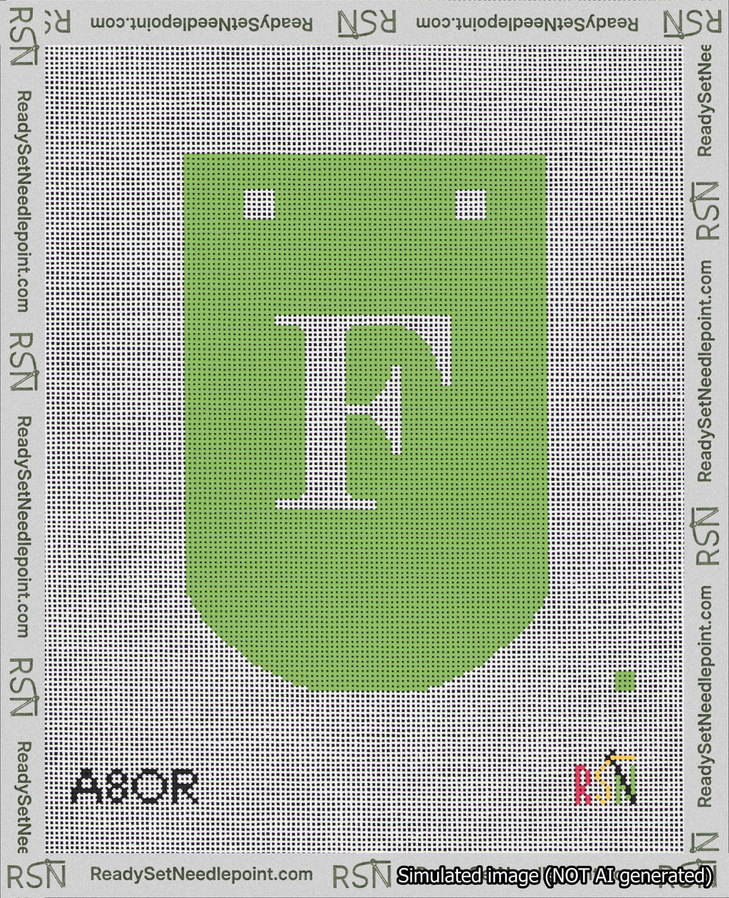 A taped needlepoint canvas with the design: Banner 18 mesh count Curved F White on Light Green.