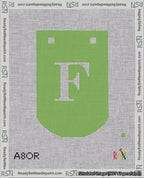 A taped needlepoint canvas with the design: Banner 18 mesh count Curved F White on Light Green.