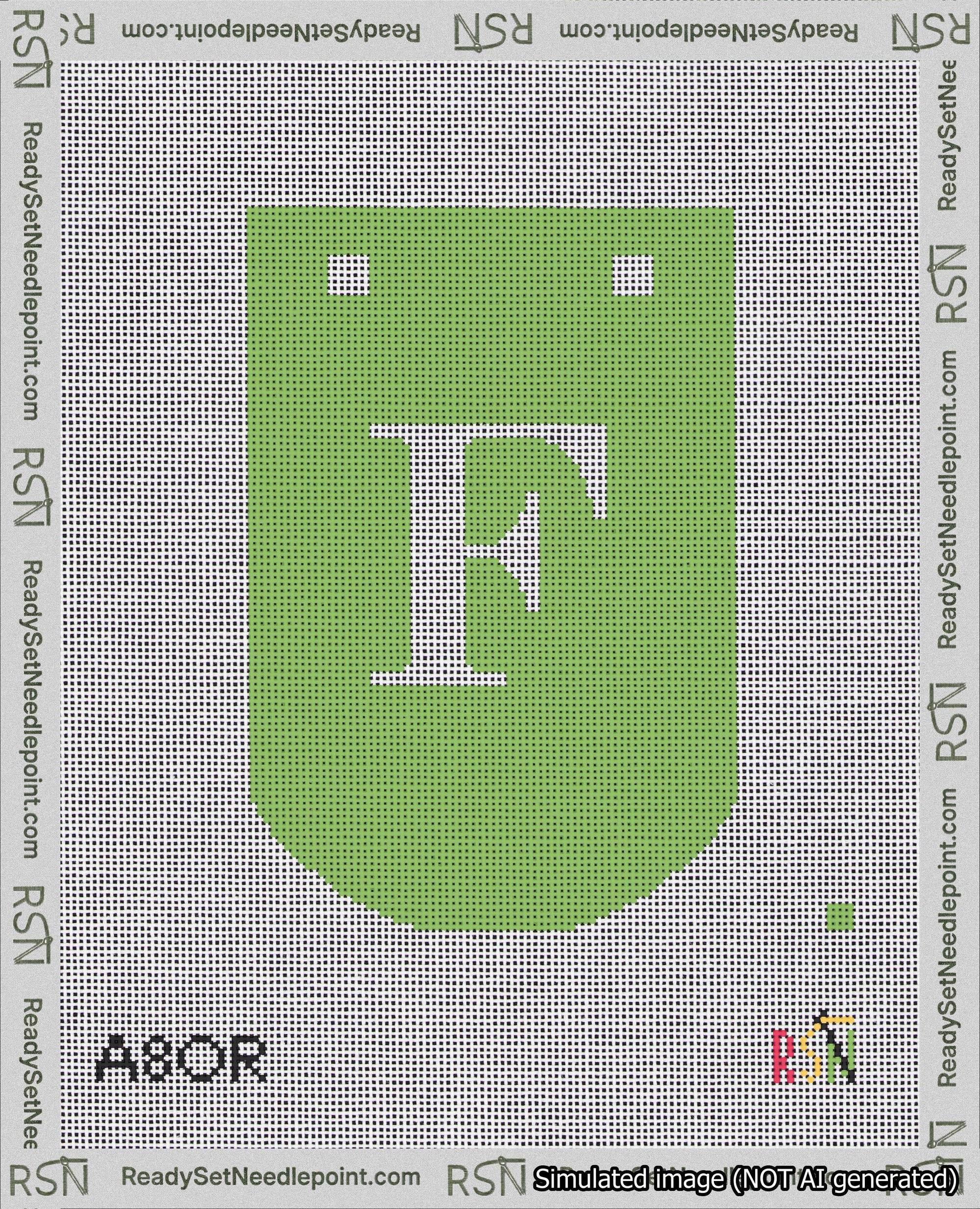 A taped needlepoint canvas with the design: Banner 18 mesh count Curved F White on Light Green.