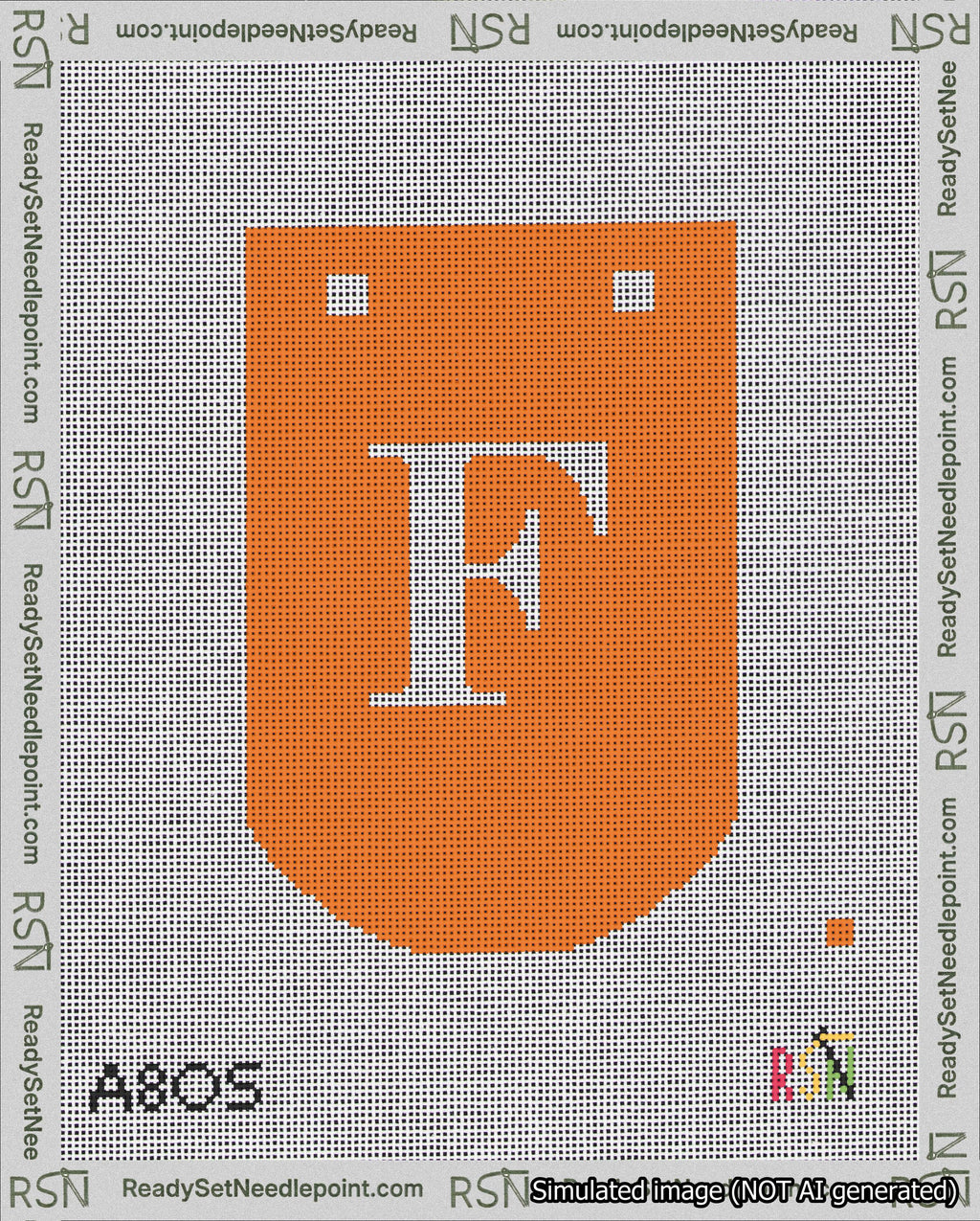 A taped needlepoint canvas with the design: Banner 18 mesh count Curved F White on Orange.