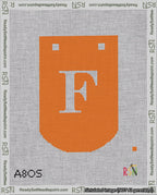 A taped needlepoint canvas with the design: Banner 18 mesh count Curved F White on Orange.
