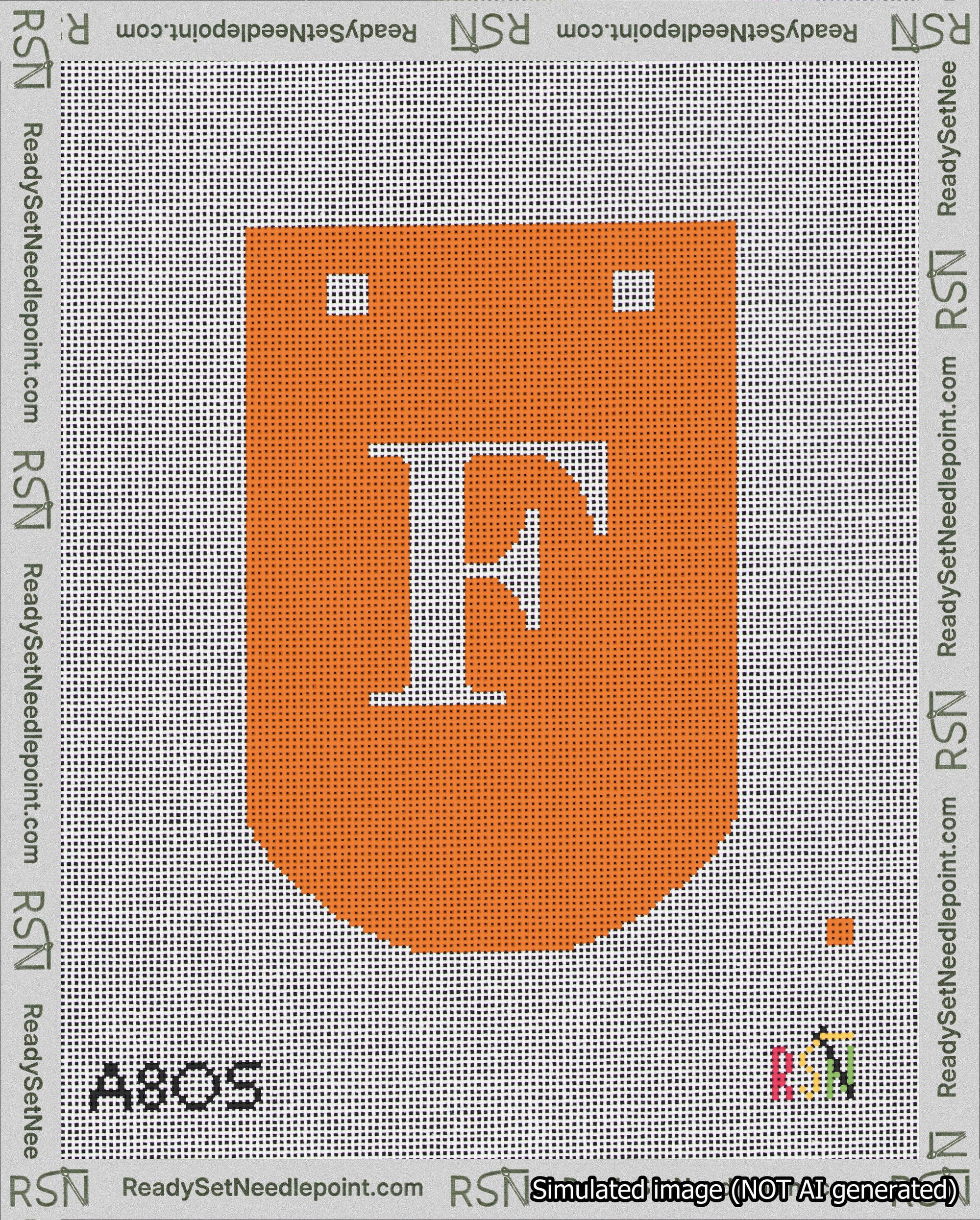 A taped needlepoint canvas with the design: Banner 18 mesh count Curved F White on Orange.