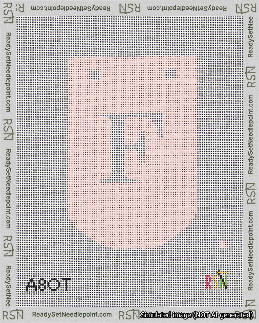 A taped needlepoint canvas with the design: Banner 18 mesh count Curved F White on Pink.