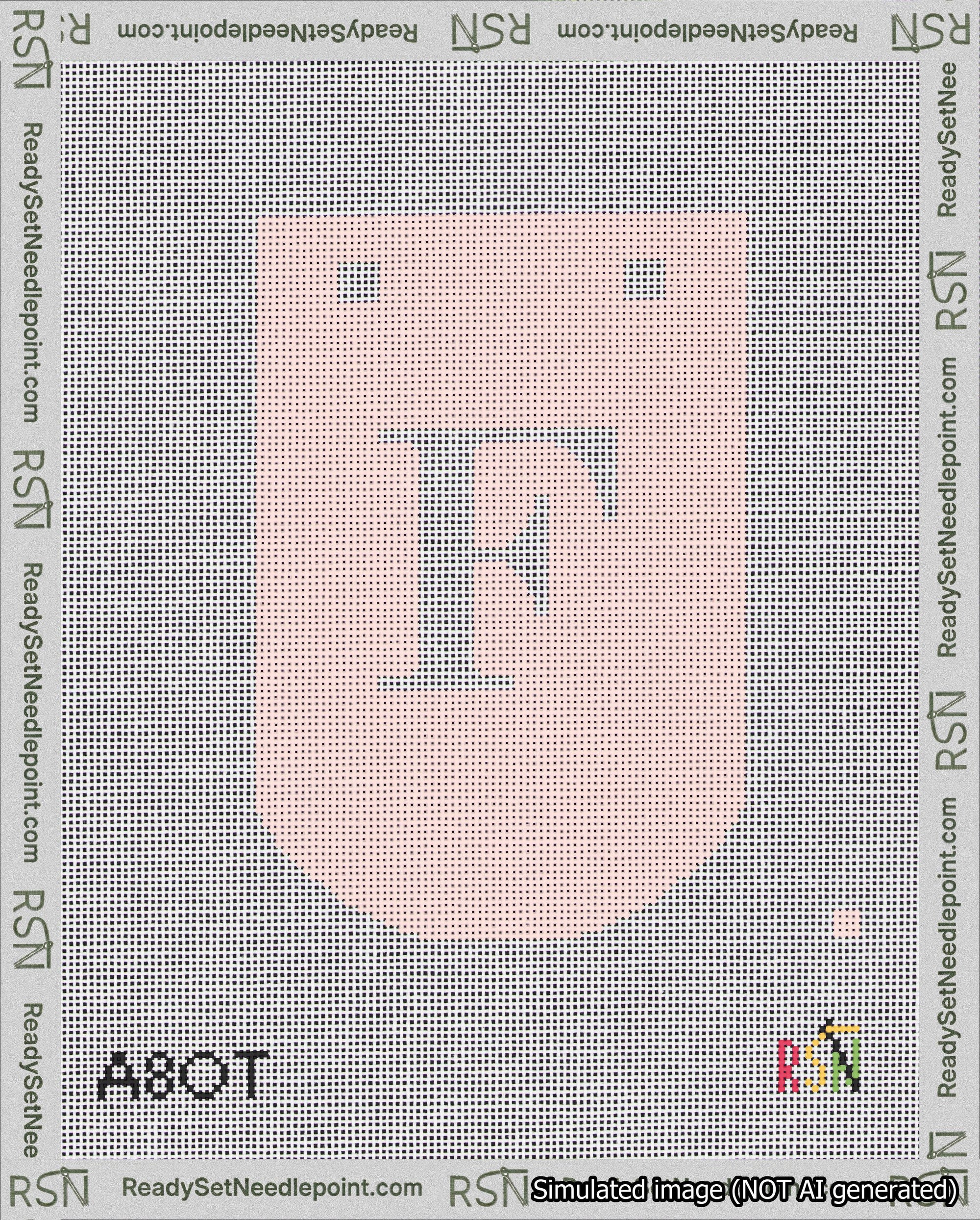 A taped needlepoint canvas with the design: Banner 18 mesh count Curved F White on Pink.