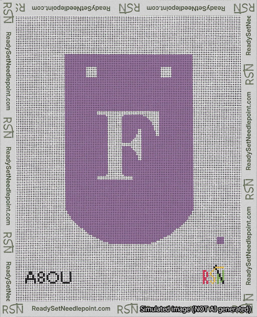 A taped needlepoint canvas with the design: Banner 18 mesh count Curved F White on Purple.