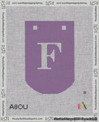 A taped needlepoint canvas with the design: Banner 18 mesh count Curved F White on Purple.