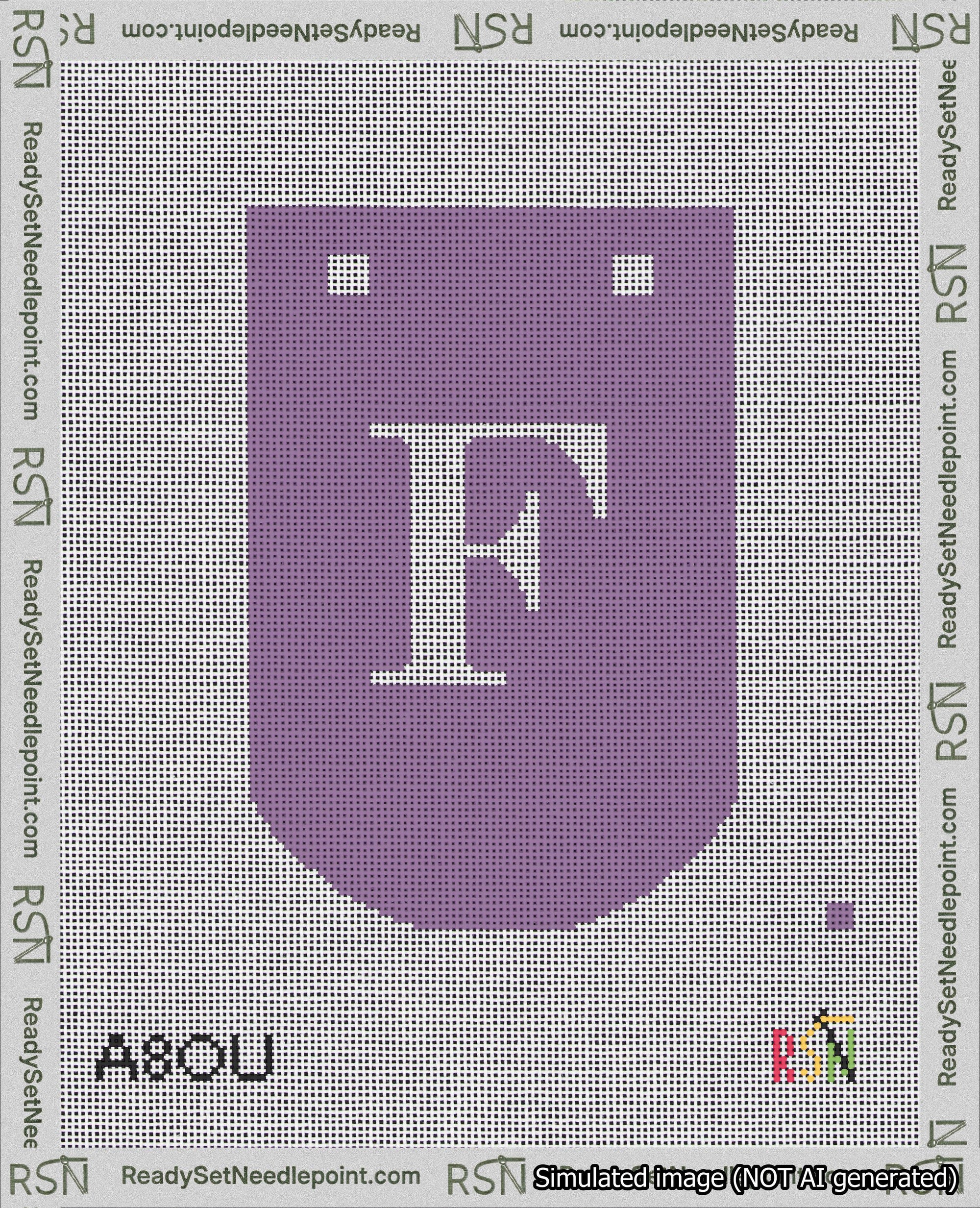 A taped needlepoint canvas with the design: Banner 18 mesh count Curved F White on Purple.
