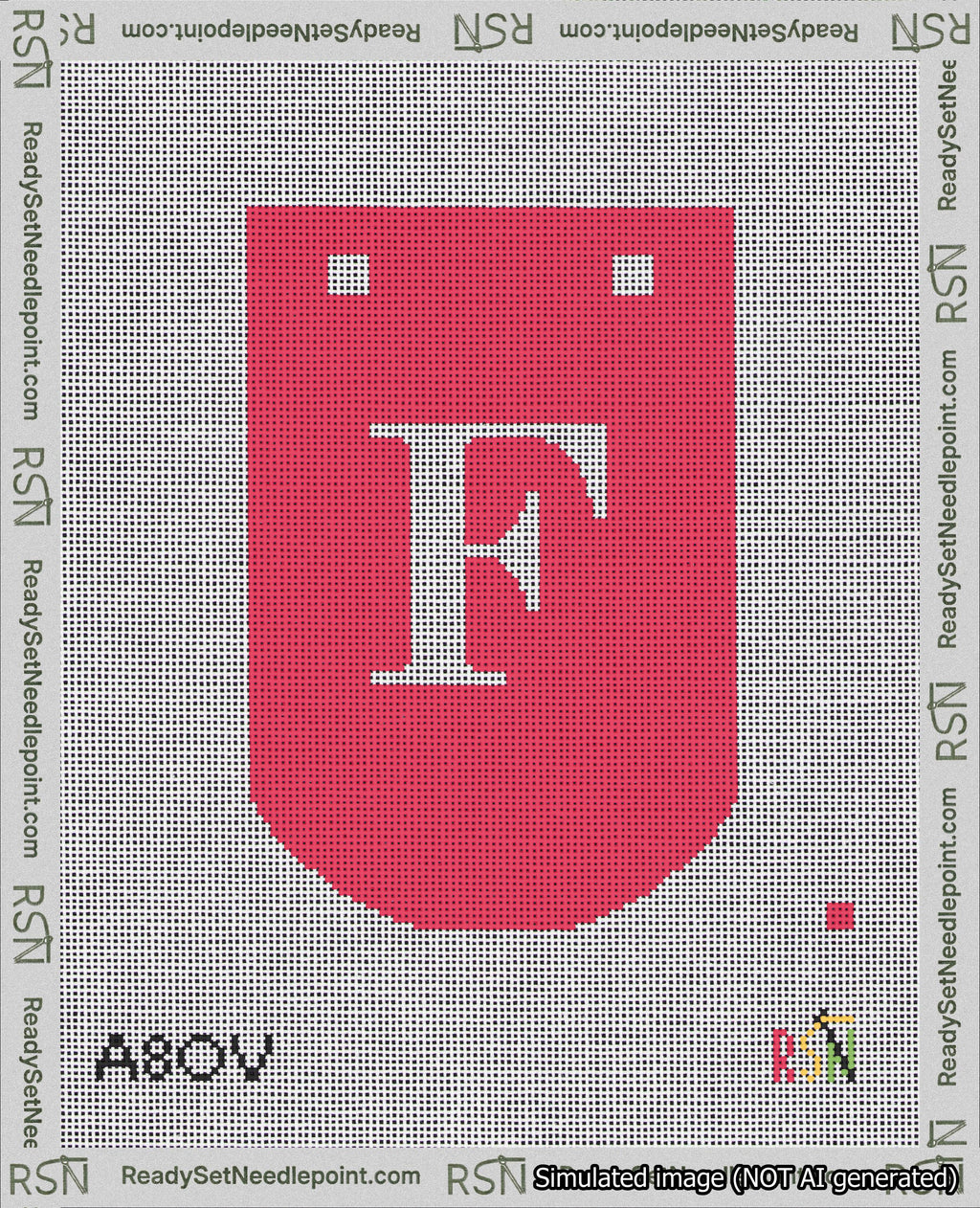 A taped needlepoint canvas with the design: Banner 18 mesh count Curved F White on Red.