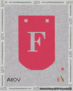 A taped needlepoint canvas with the design: Banner 18 mesh count Curved F White on Red.
