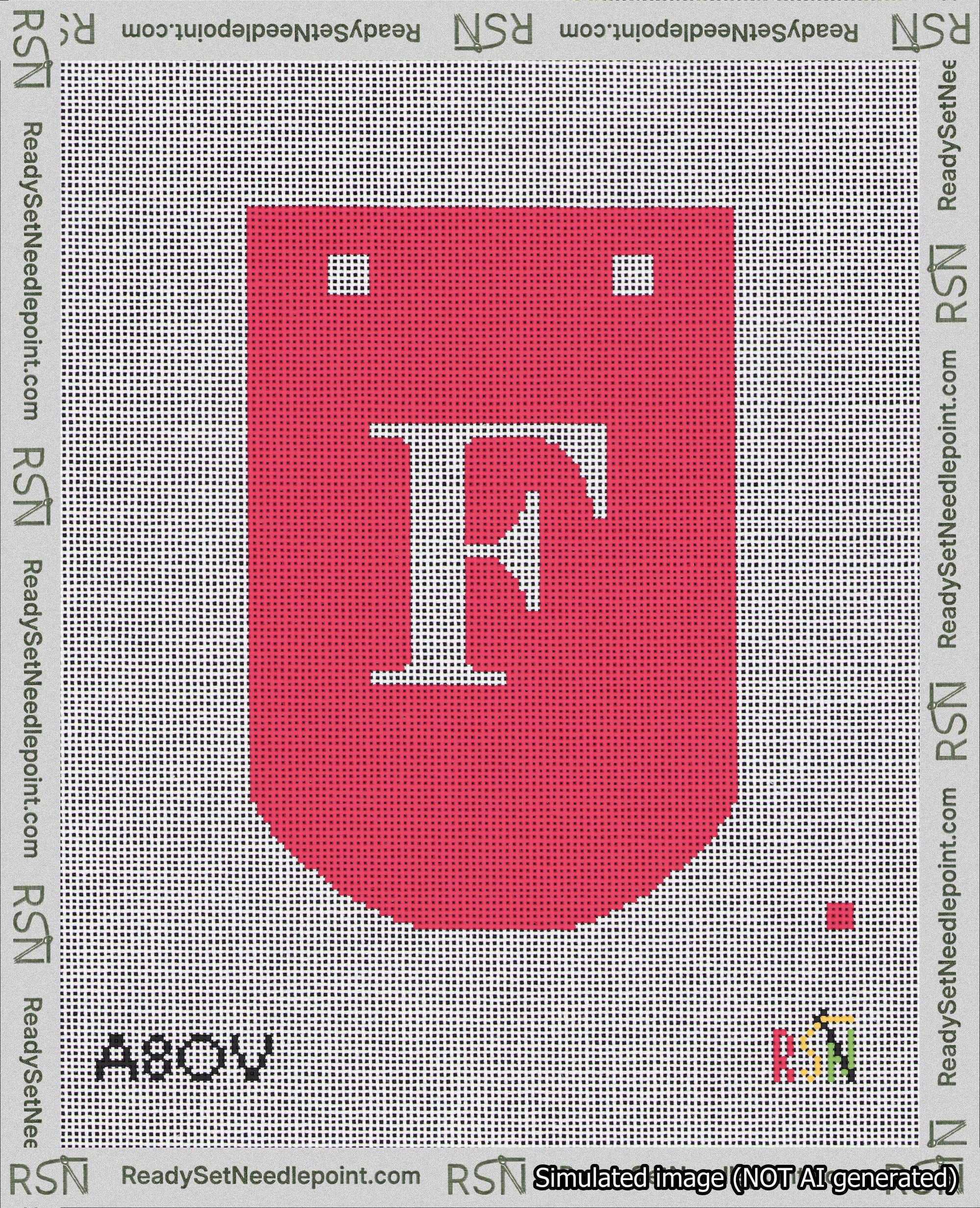A taped needlepoint canvas with the design: Banner 18 mesh count Curved F White on Red.