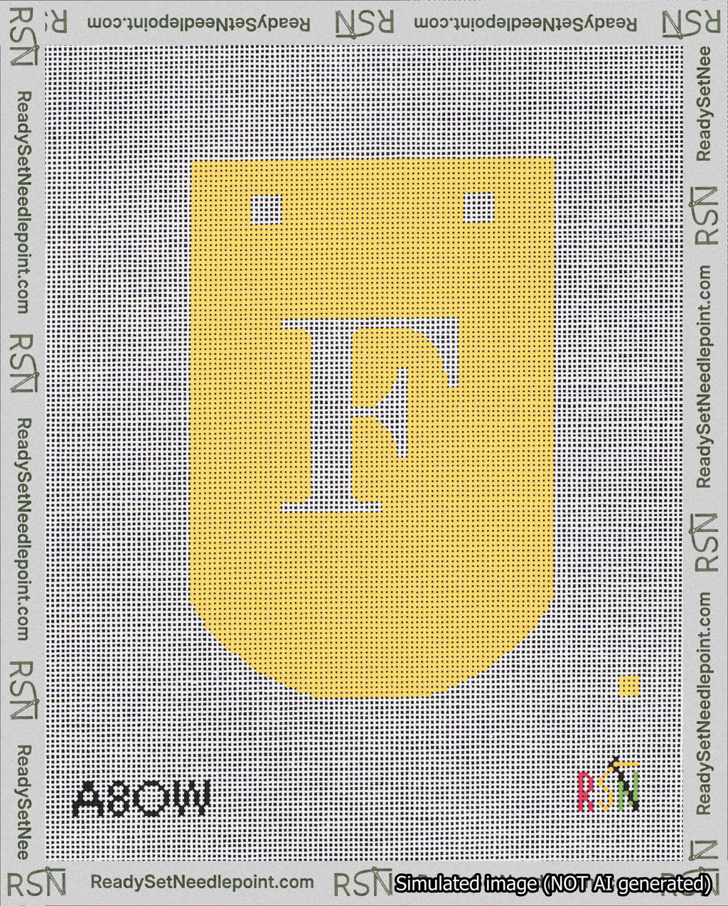 A taped needlepoint canvas with the design: Banner 18 mesh count Curved F White on Yellow.