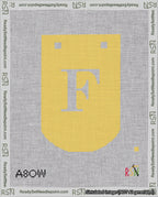 A taped needlepoint canvas with the design: Banner 18 mesh count Curved F White on Yellow.