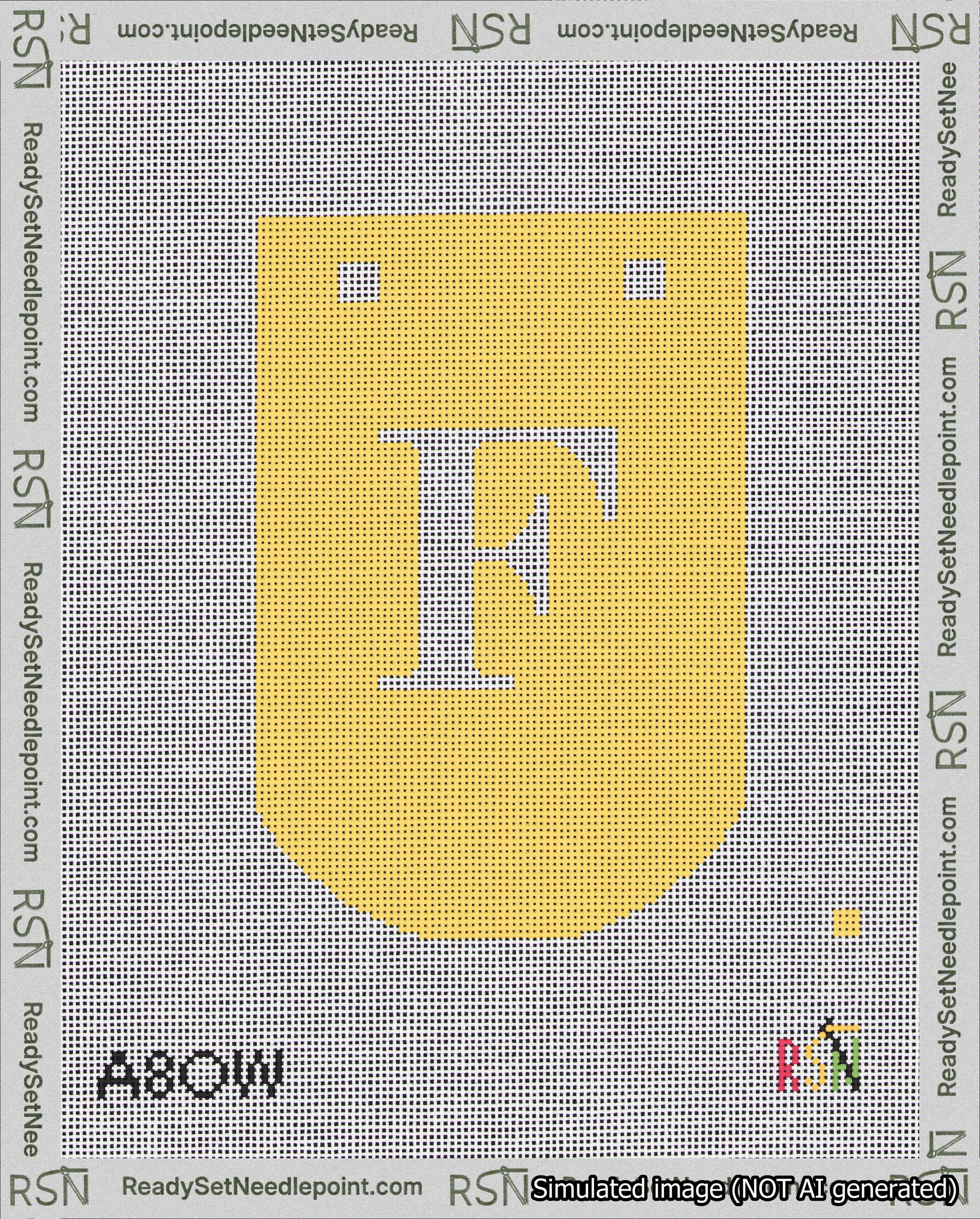 A taped needlepoint canvas with the design: Banner 18 mesh count Curved F White on Yellow.