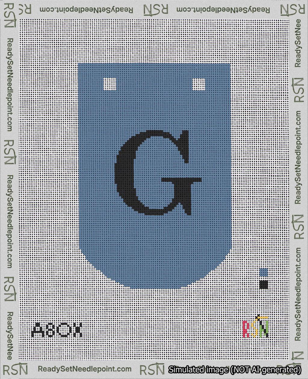 A taped needlepoint canvas with the design: Banner 18 mesh count Curved G Black on Blue.