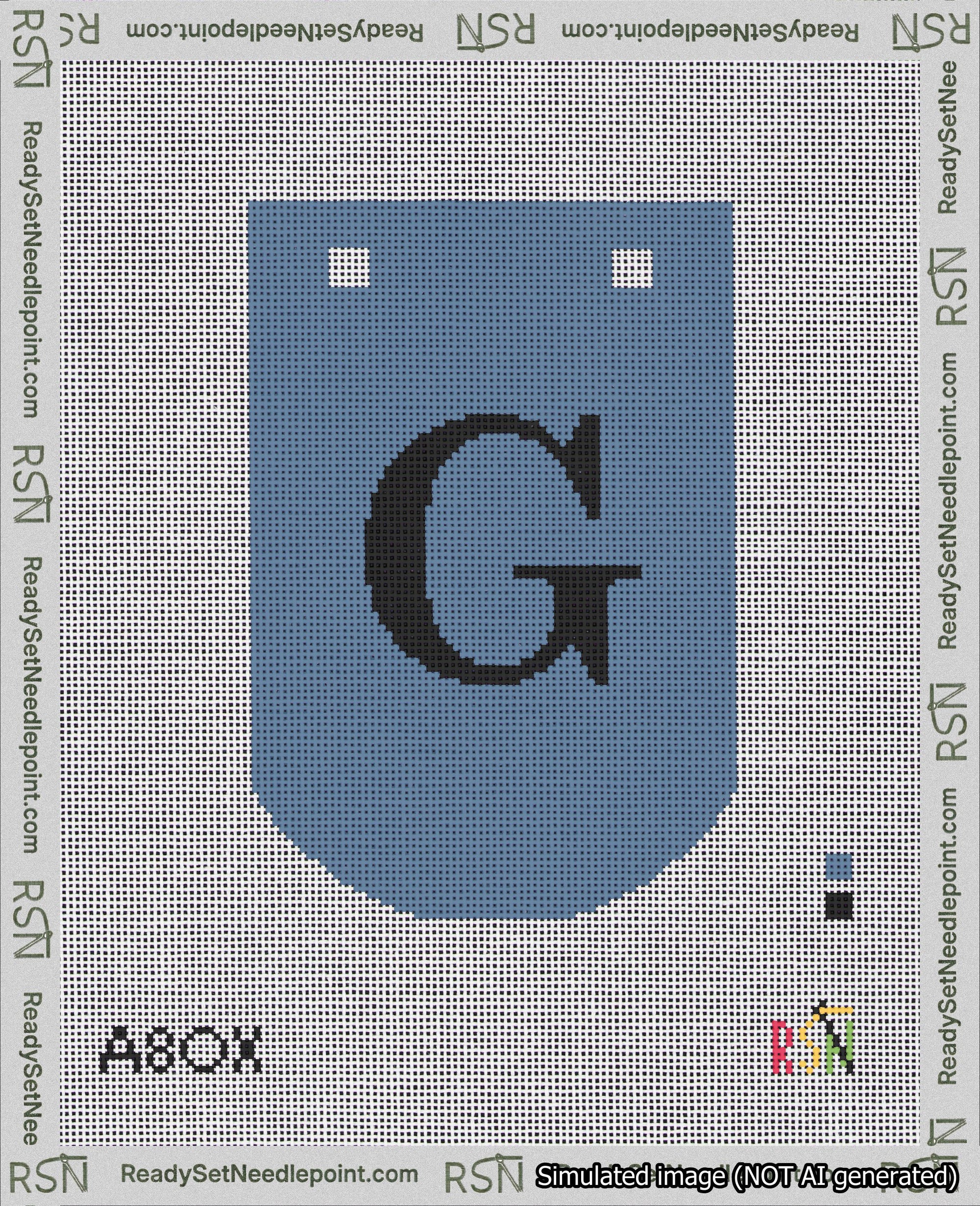 A taped needlepoint canvas with the design: Banner 18 mesh count Curved G Black on Blue.