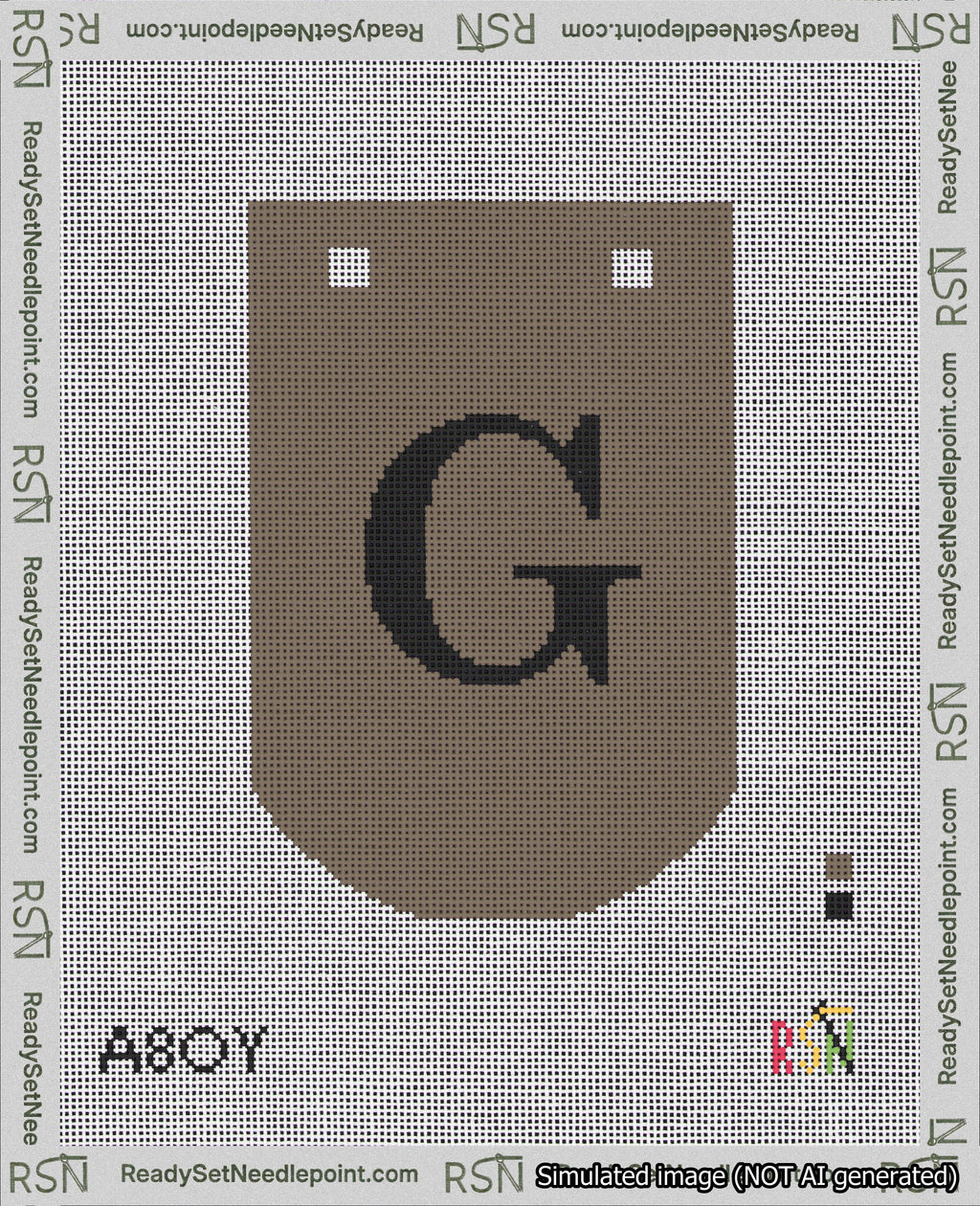 A taped needlepoint canvas with the design: Banner 18 mesh count Curved G Black on Brown.