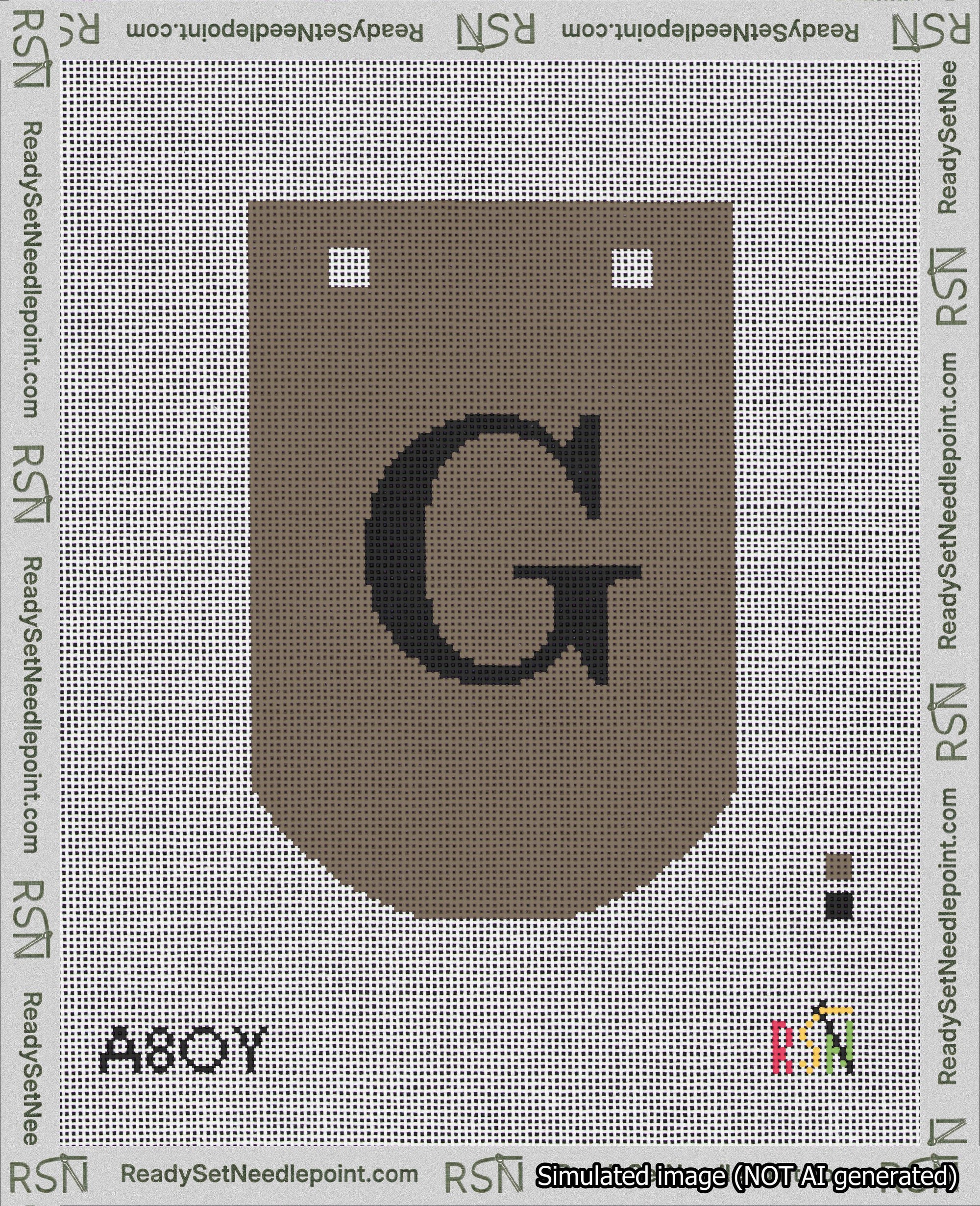 A taped needlepoint canvas with the design: Banner 18 mesh count Curved G Black on Brown.