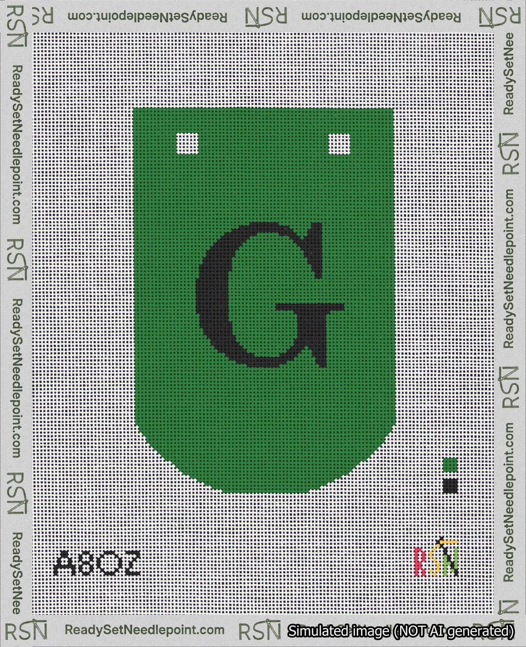 A taped needlepoint canvas with the design: Banner 18 mesh count Curved G Black on Green.