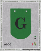 A taped needlepoint canvas with the design: Banner 18 mesh count Curved G Black on Green.