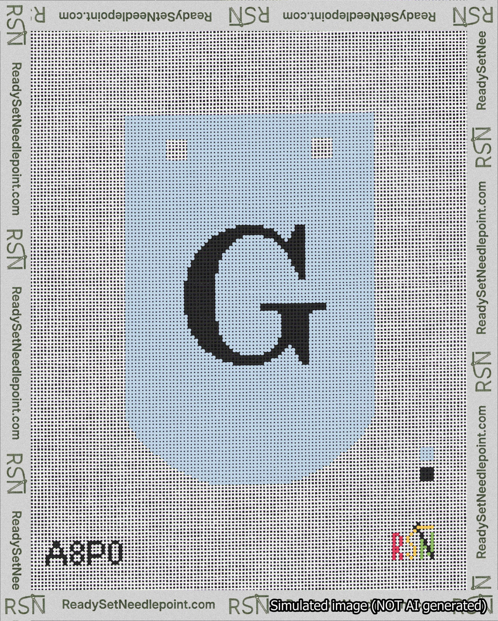 A taped needlepoint canvas with the design: Banner 18 mesh count Curved G Black on Light Blue.