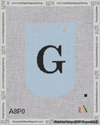 A taped needlepoint canvas with the design: Banner 18 mesh count Curved G Black on Light Blue.