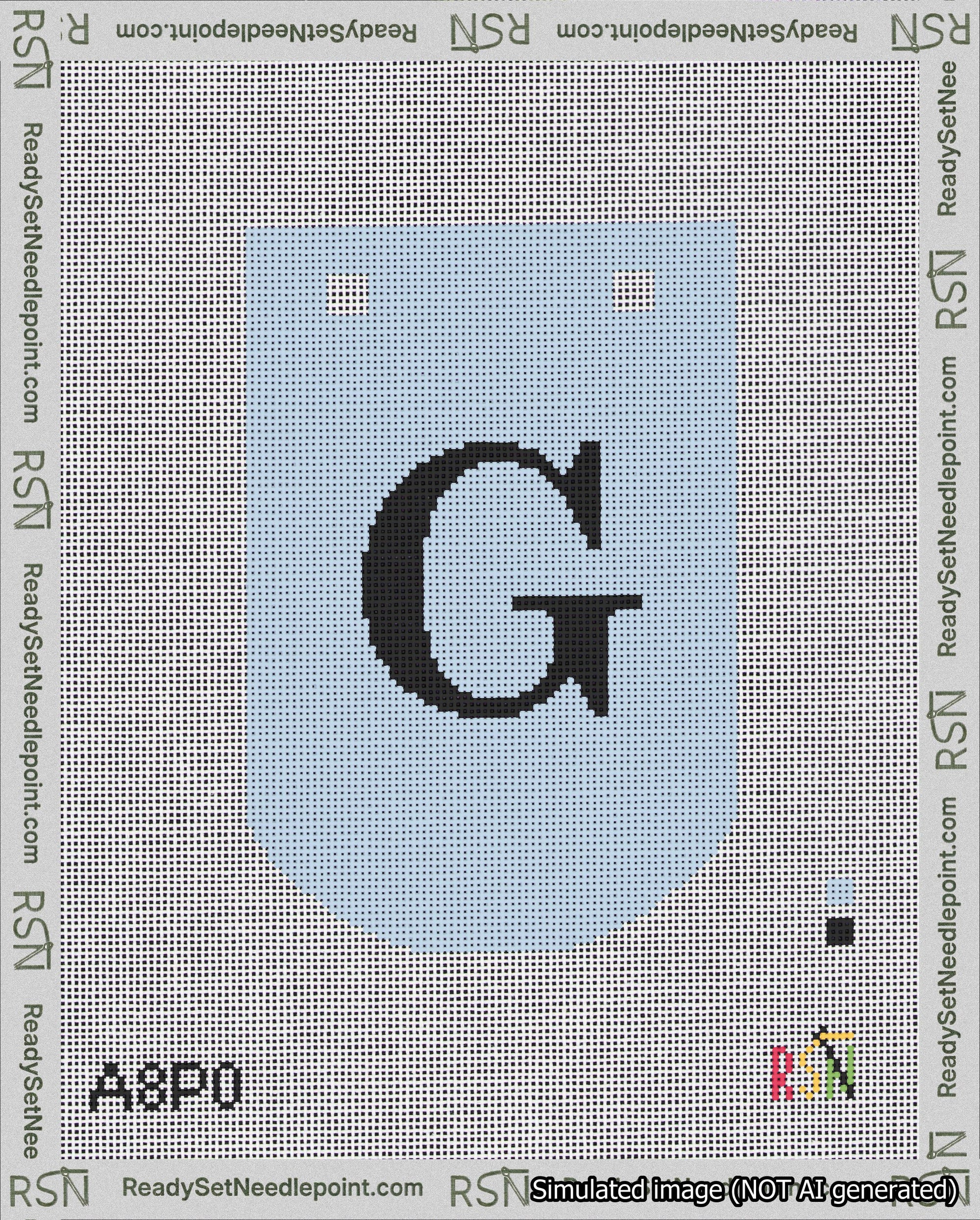 A taped needlepoint canvas with the design: Banner 18 mesh count Curved G Black on Light Blue.