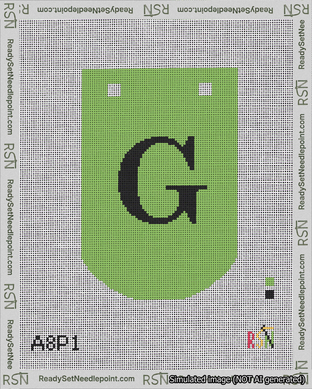 A taped needlepoint canvas with the design: Banner 18 mesh count Curved G Black on Light Green.