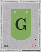 A taped needlepoint canvas with the design: Banner 18 mesh count Curved G Black on Light Green.